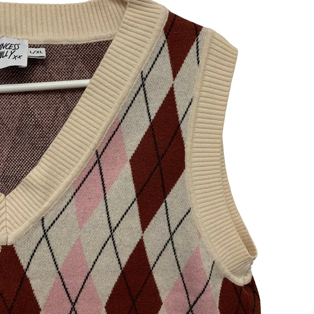 Princess Polly Argyle Sweater Vest Pink Brown Preppy V Neck Knit